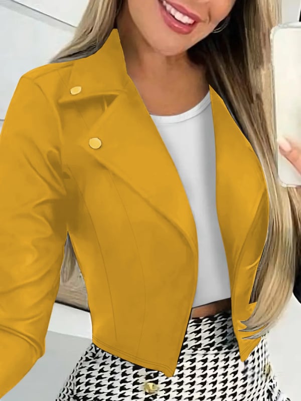 Дамско късо сако със стилен ревер, Slim-fit, дълги ръкави, полиестер, елегантен стил, пролет 2025