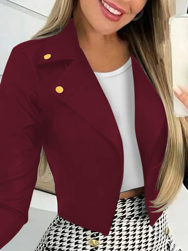 Дамско късо сако със стилен ревер, Slim-fit, дълги ръкави, полиестер, елегантен стил, пролет 2025