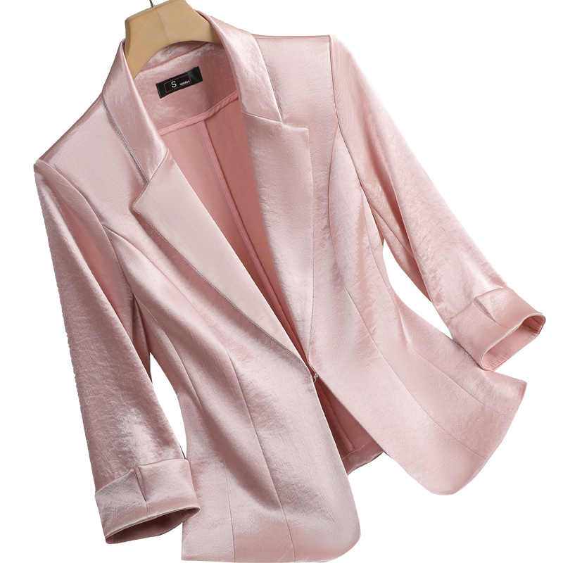 Дамско сатенено сако в стил костюм, с яка, 3/4 ръкави, копче 1, полиестер с еластан