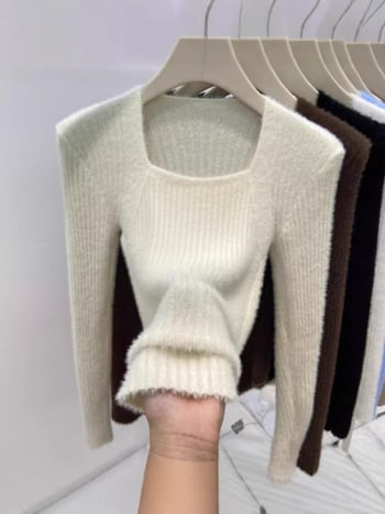 Ženski Mink Velvet pleteni džemper, gusto viskozni vlakno, kvadratni izrez, dugi rukavi, uski kroj