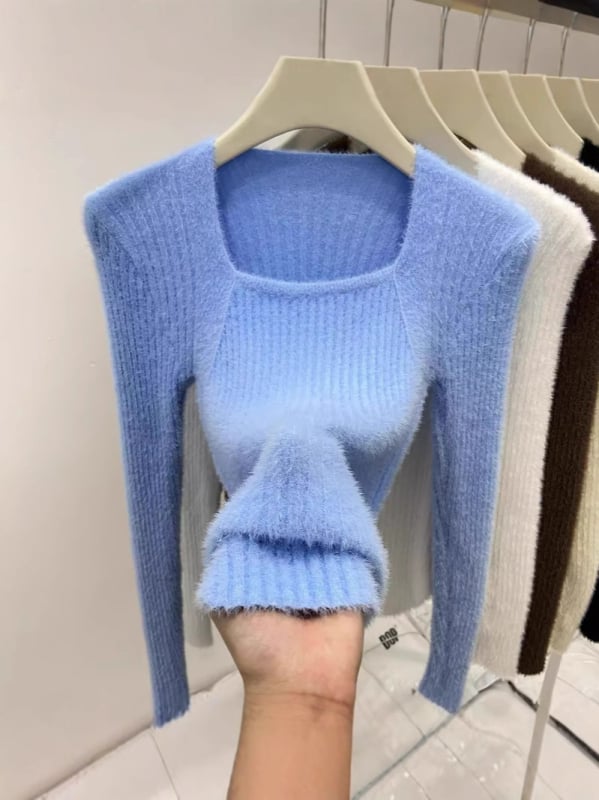 Ženski Mink Velvet pleteni džemper, gusto viskozni vlakno, kvadratni izrez, dugi rukavi, uski kroj