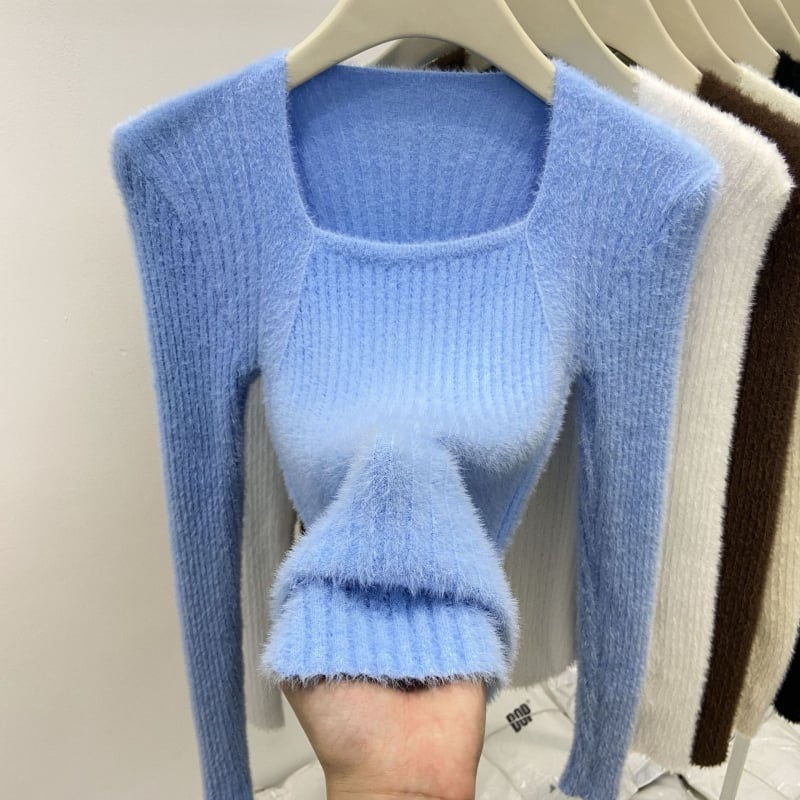 Ženski Mink Velvet pleteni džemper, gusto viskozni vlakno, kvadratni izrez, dugi rukavi, uski kroj