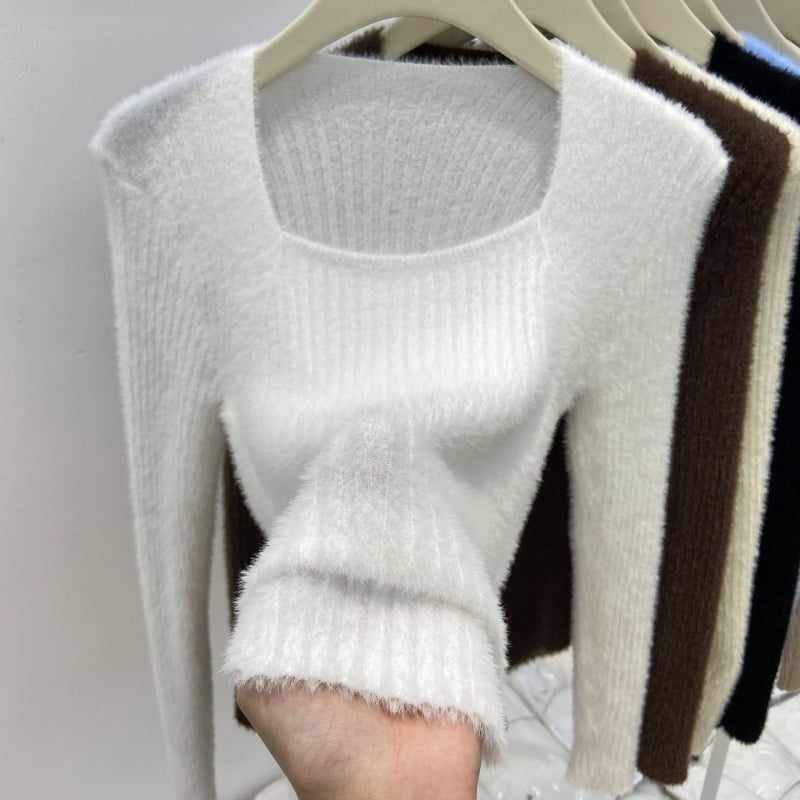 Ženski Mink Velvet pleteni džemper, gusto viskozni vlakno, kvadratni izrez, dugi rukavi, uski kroj