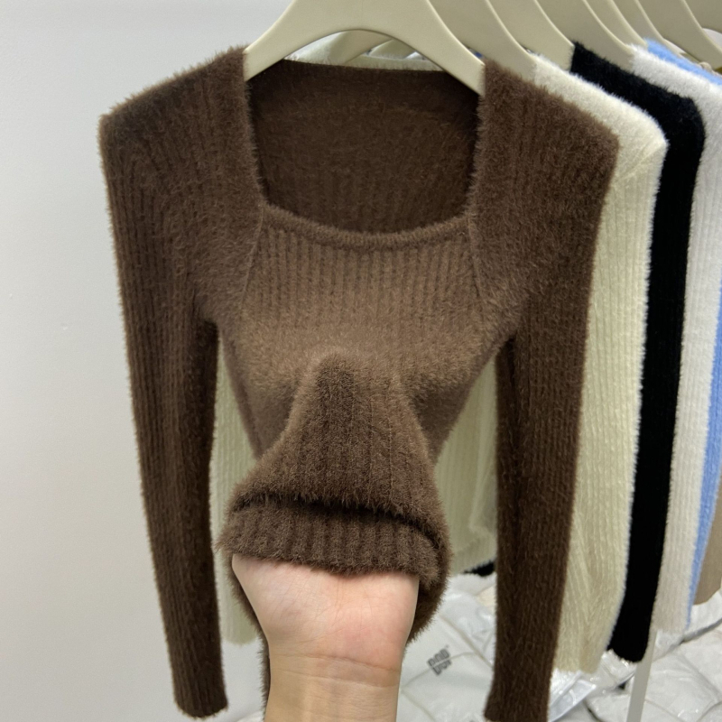 Ženski Mink Velvet pleteni džemper, gusto viskozni vlakno, kvadratni izrez, dugi rukavi, uski kroj
