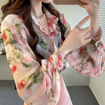 Ženska košulja od poliestera s lantern rukavima, cvjetni uzorak, polo ovratnik, normalne duljine, kopčanje sprijeda
