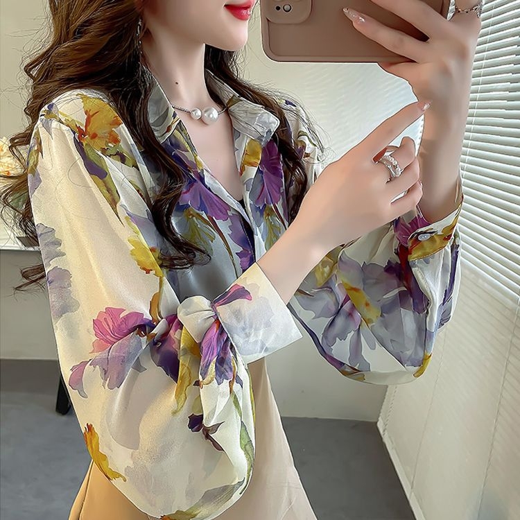 Ženska košulja od poliestera s lantern rukavima, cvjetni uzorak, polo ovratnik, normalne duljine, kopčanje sprijeda