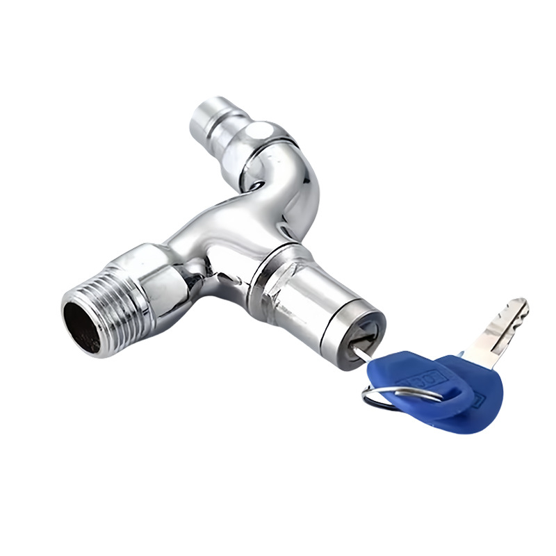 Zámkový kohútik pre práčku so zámkom, telo z meďe, model LZW-1104, nástenná montáž, priemer vstupu/výstupu 4 body, keramický diskový ventil