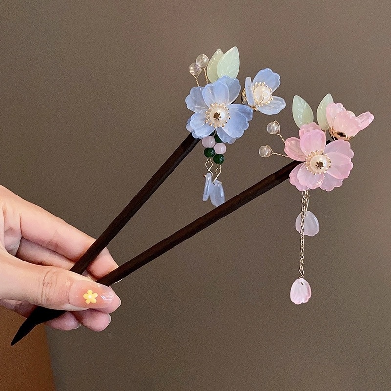 Drvena ukosnica za kosu s cvijetom za Hanfu, retro stil s resicama, individualno pakirana