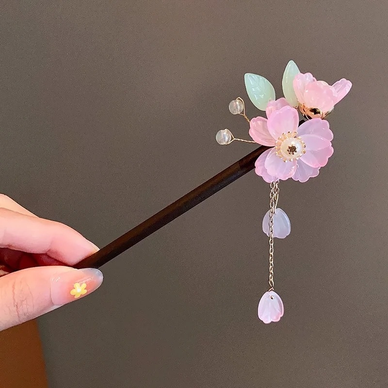 Drvena ukosnica za kosu s cvijetom za Hanfu, retro stil s resicama, individualno pakirana