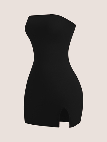 Haljina od Milk Silk tkanine; mješavina poliester i spandeksa; izrez tube-top; bez rukava; mini duljina