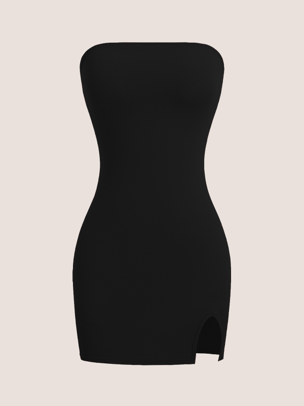 Haljina od Milk Silk tkanine; mješavina poliester i spandeksa; izrez tube-top; bez rukava; mini duljina