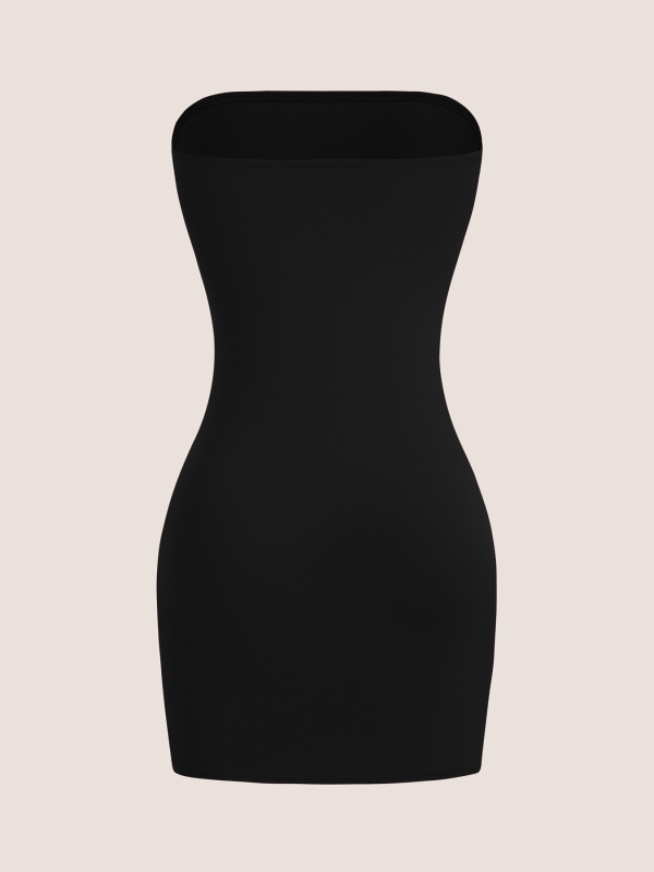 Haljina od Milk Silk tkanine; mješavina poliester i spandeksa; izrez tube-top; bez rukava; mini duljina