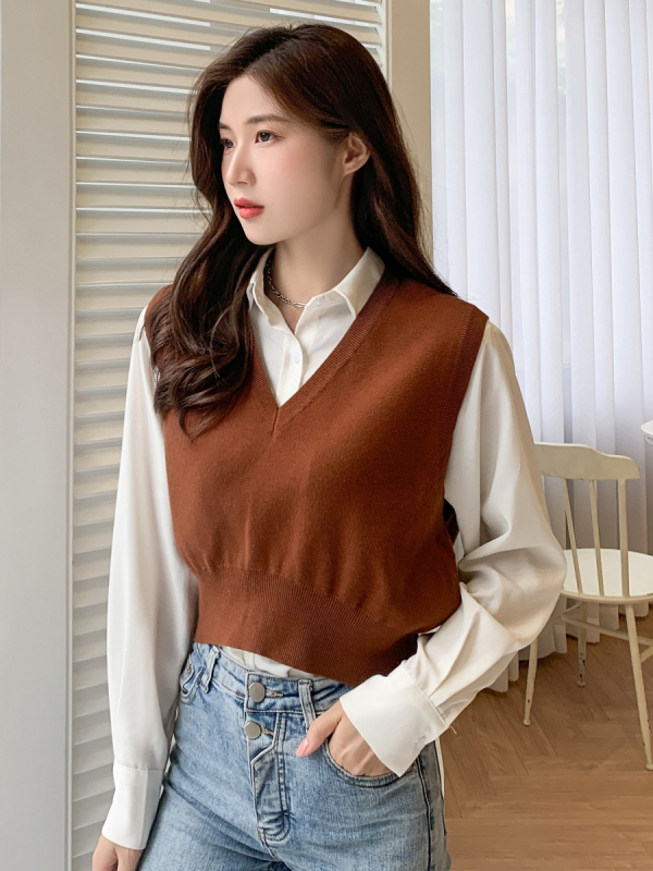 Ženski kratki pleteni prsluk-pulover, V-izrez, jednofarbni, mješavina viskoze i poliestera, korejski inspiriran preppy stil