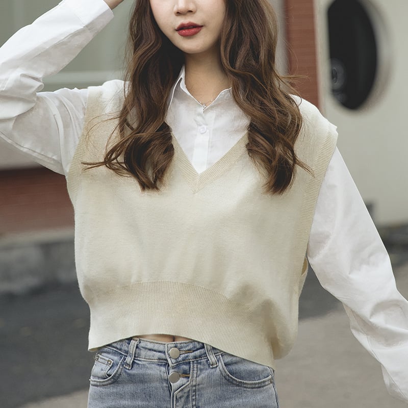 Ženski kratki pleteni prsluk-pulover, V-izrez, jednofarbni, mješavina viskoze i poliestera, korejski inspiriran preppy stil