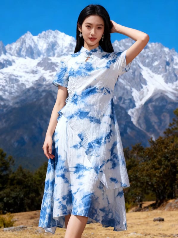 Duga haljina u kineskom stilu s tie-dye, bez rukava, podesiv struk