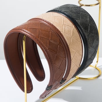 Bandă pentru păr texturată în piele, model pătrățos, lucrată manual, margine lată, accesorii de modă pentru femei, primăvara 2025