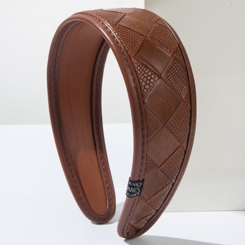 Bandă pentru păr texturată în piele, model pătrățos, lucrată manual, margine lată, accesorii de modă pentru femei, primăvara 2025