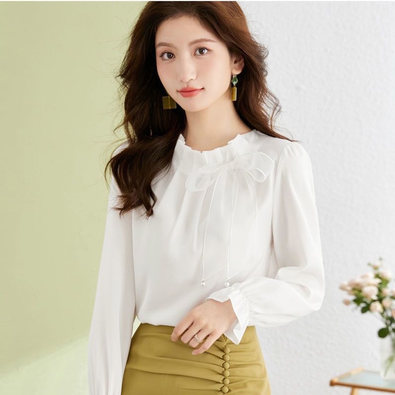 Košulja od šifona s mašnicom, dugi rukavi, okrugli izrez, duljina 50–65 cm