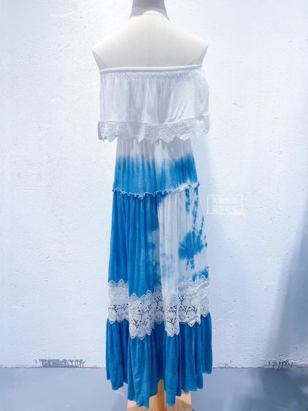 Duga haljina u A-liniji, 95% pamuk, tie-dye otisak, ovratnik jedne linije