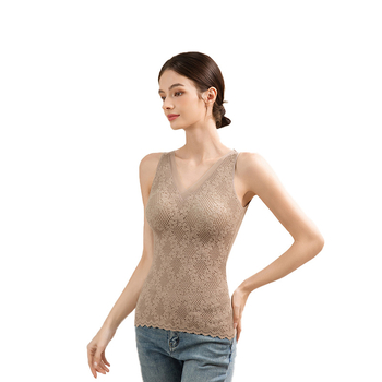 Termalna čipkasta majica s V-izrezom, integrirane šalice, dvostruki sloj, kapuljača, sa sametnim detaljima; oblikuje tijelo, zagrijava trbuh i leđa; može se nositi i kao vanjska odjeća.