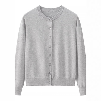 Ženski pleteni kardigan od pamuka, udoban kroj, okrugli izrez, dugi rukavi, duljina 50–65 cm; OEM prilagodba prema crtežima i uzorcima