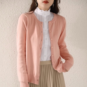 Ženski pleteni kardigan od pamuka, udoban kroj, okrugli izrez, dugi rukavi, duljina 50–65 cm; OEM prilagodba prema crtežima i uzorcima