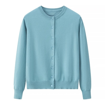 Ženski pleteni kardigan od pamuka, udoban kroj, okrugli izrez, dugi rukavi, duljina 50–65 cm; OEM prilagodba prema crtežima i uzorcima