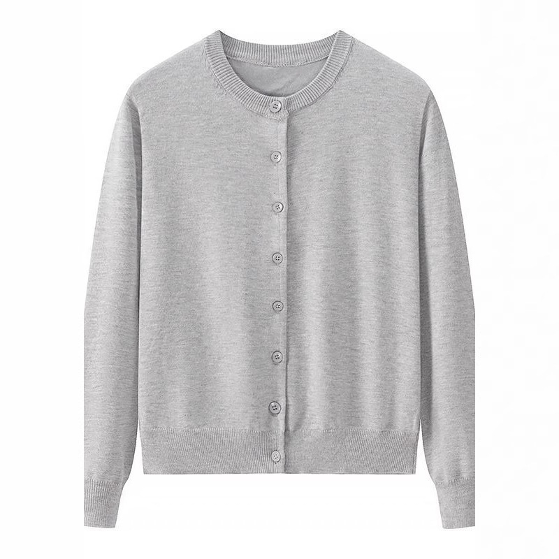 Ženski pleteni kardigan od pamuka, udoban kroj, okrugli izrez, dugi rukavi, duljina 50–65 cm; OEM prilagodba prema crtežima i uzorcima