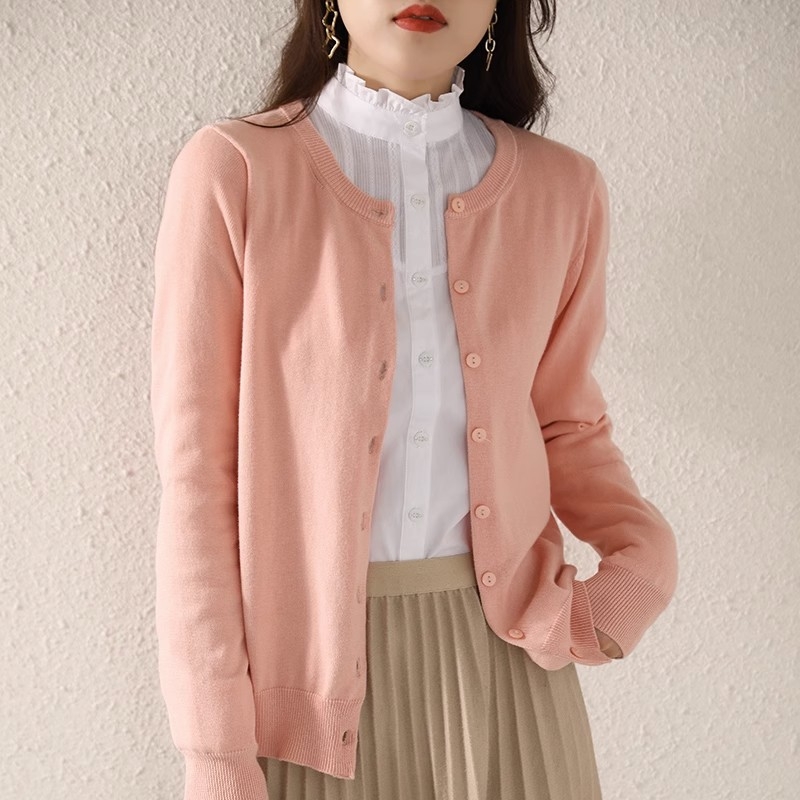 Ženski pleteni kardigan od pamuka, udoban kroj, okrugli izrez, dugi rukavi, duljina 50–65 cm; OEM prilagodba prema crtežima i uzorcima