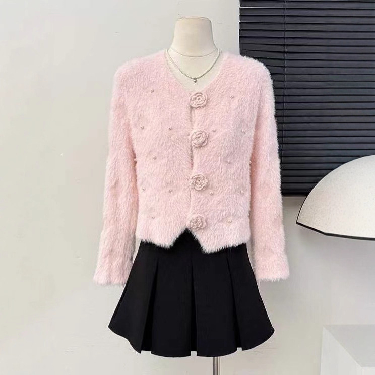 Kardigan od pletenog materijala s pahuljastim nercem izgledom, tiskani uzorak, debeli pleteni materijal, slobodan kroj, okrugli ovratnik, dugi rukavi