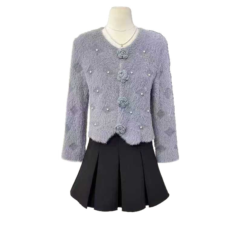 Kardigan od pletenog materijala s pahuljastim nercem izgledom, tiskani uzorak, debeli pleteni materijal, slobodan kroj, okrugli ovratnik, dugi rukavi