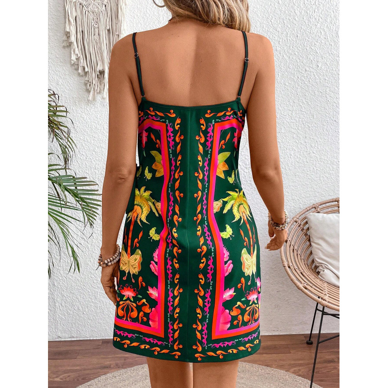 Elegantna haljina bez rukava u stilu camisole s tropskim printom i detaljom vezica