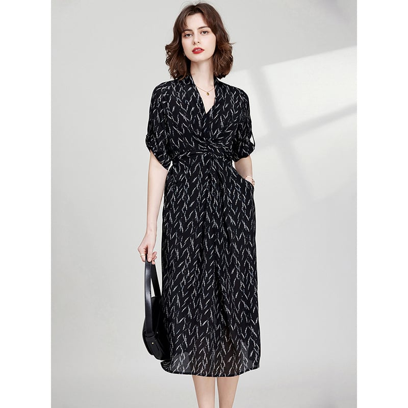 Svila s floralnim uzorkom, haljina A-linijska bez rukava, V-izrez