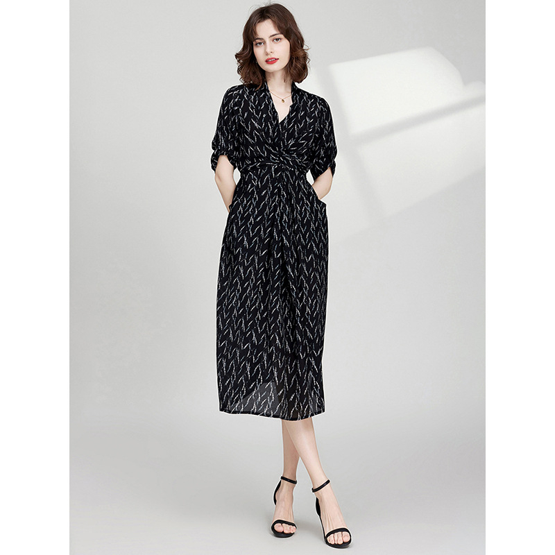 Svila s floralnim uzorkom, haljina A-linijska bez rukava, V-izrez