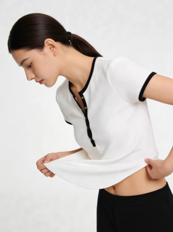 Ženski T‑shirt kratkih rukava, jednobojna, korejskog stila, uski kroj, okrugli izrez, pamukasto-mješavina tkanina