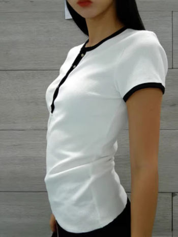 Ženski T‑shirt kratkih rukava, jednobojna, korejskog stila, uski kroj, okrugli izrez, pamukasto-mješavina tkanina