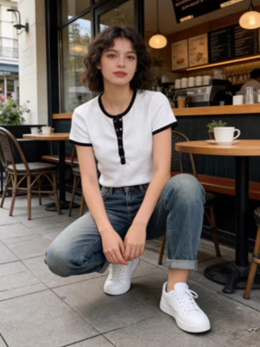 Ženski T‑shirt kratkih rukava, jednobojna, korejskog stila, uski kroj, okrugli izrez, pamukasto-mješavina tkanina