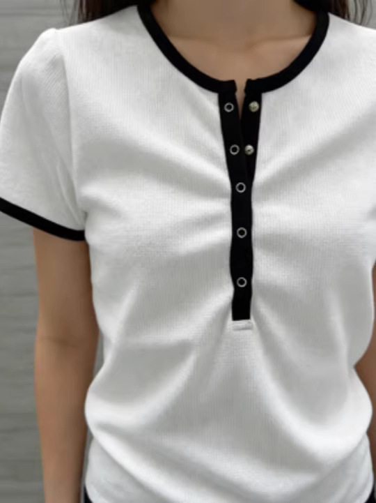 Ženski T‑shirt kratkih rukava, jednobojna, korejskog stila, uski kroj, okrugli izrez, pamukasto-mješavina tkanina