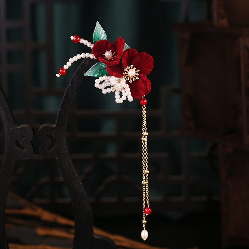 Accesoriu de păr Hanfu pentru mireasă – stil palat, din stofă, agrafă cu floare și ciucuri cu perle, Toamna 2023