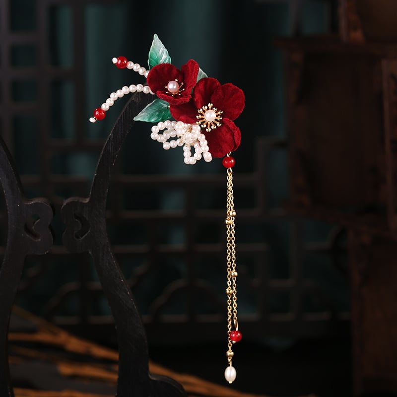 Accesoriu de păr Hanfu pentru mireasă – stil palat, din stofă, agrafă cu floare și ciucuri cu perle, Toamna 2023