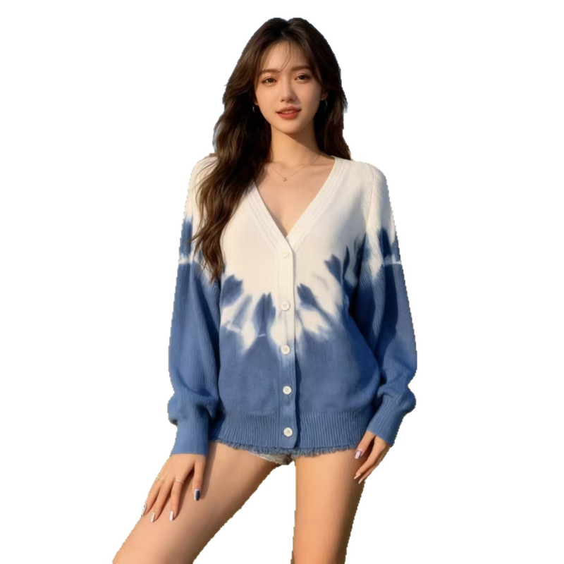 Kardigan s tie-dye uzorkom, bat rukavima, V-rez, slobodan kroj, srednja duljina