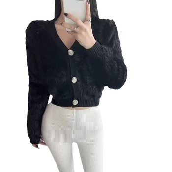 Imitált nyérc velúr kardigán 3D mintával, V-nyakú, hosszú ujjú, rövid fazon