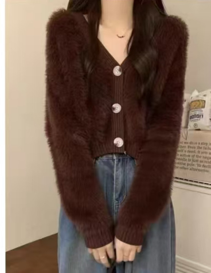 Imitált nyérc velúr kardigán 3D mintával, V-nyakú, hosszú ujjú, rövid fazon