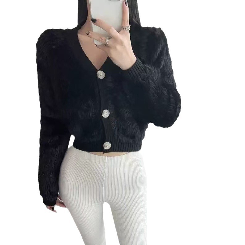 Imitált nyérc velúr kardigán 3D mintával, V-nyakú, hosszú ujjú, rövid fazon