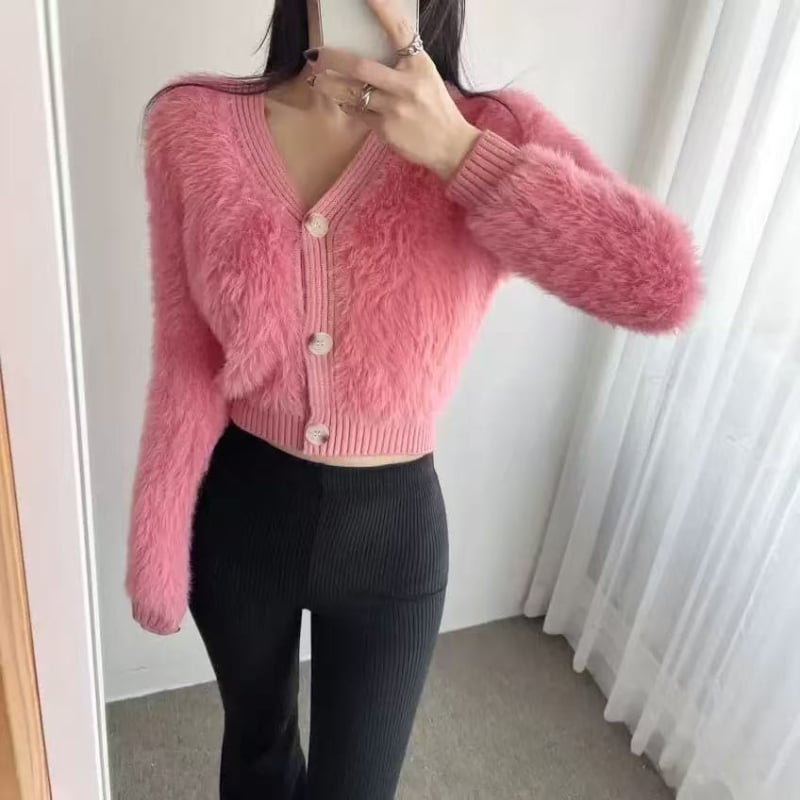 Imitált nyérc velúr kardigán 3D mintával, V-nyakú, hosszú ujjú, rövid fazon