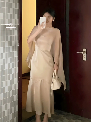 Set od dva komada haljine s trakama, elegantan stil, haljina A-kroj, midi duljina, bez rukava, poliester