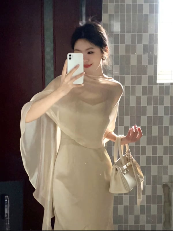 Set od dva komada haljine s trakama, elegantan stil, haljina A-kroj, midi duljina, bez rukava, poliester