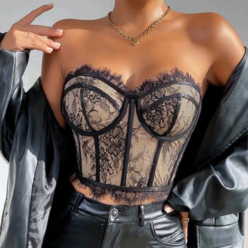 Čipkasti tube top bez naramenica s metalnim prstenom i podrškom od riblje kosti, floralni uzorak, poliester 90–95% i spandeks <30%