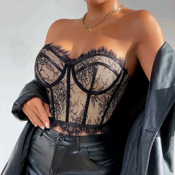 Čipkasti tube top bez naramenica s metalnim prstenom i podrškom od riblje kosti, floralni uzorak, poliester 90–95% i spandeks <30%