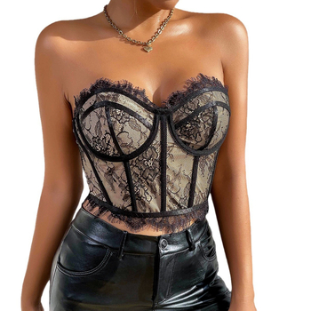 Čipkasti tube top bez naramenica s metalnim prstenom i podrškom od riblje kosti, floralni uzorak, poliester 90–95% i spandeks <30%